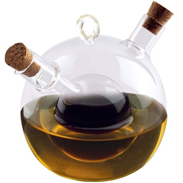 Elegant 2-in-1 glass oil and vinegar dispenser – spherical shape with cork stoppers – 350 ml & 50 ml combined vinegar oil bottle – designer cruet set for refilling
