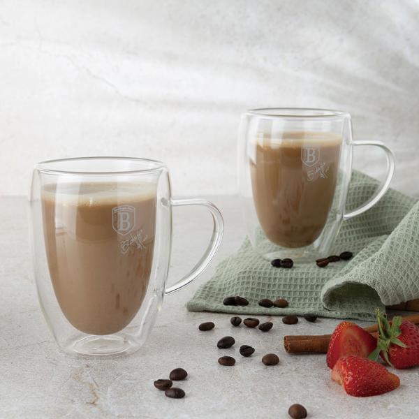 Set of 2 double-walled coffee mugs with handle, 300 ml, floating effect, heat-resistant barista glass, cappuccino, latte macchiato, tea