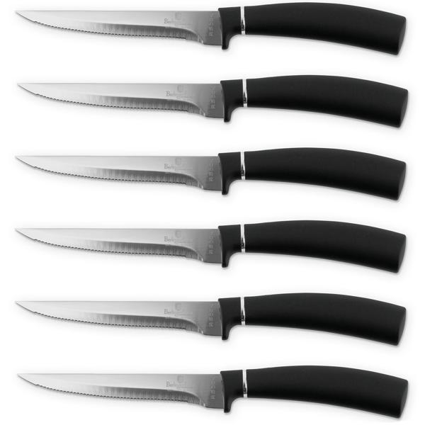 Set de 6 couteaux à steak en acier inoxydable – couteaux à viande tranchants avec lame 11,5 cm et manche soft-touch – couteaux élégants, noir
