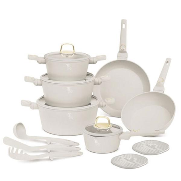 Set di pentole design di alta qualità con rivestimento antiaderente TitanPro incl. utensili da cucina, sottopentola, coperchi in vetro, manici soft‑touch, 15 pezzi, Sahara / beige