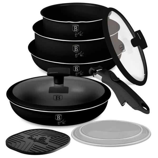 Elegant pan & pot set with universal Click-It handle, 10 pcs, titanium non-stick coating, matt black, PFOA-free, glass lids with strainer & trivet