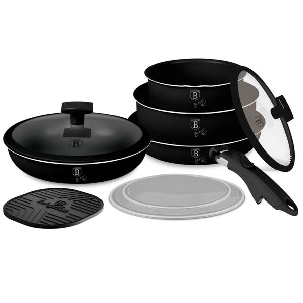 Elegant pan & pot set with universal Click-It handle, 10 pcs, titanium non-stick coating, matt black, PFOA-free, glass lids with strainer & trivet
