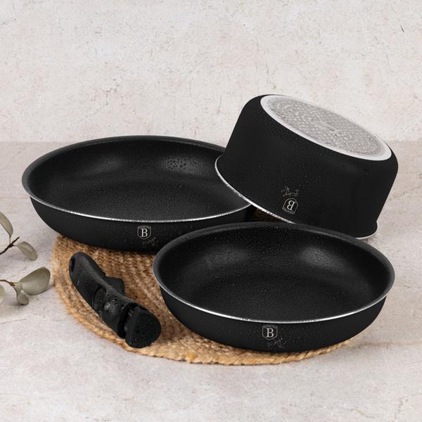Elegant pan & pot set with universal Click-It handle, 10 pcs, titanium non-stick coating, matt black, PFOA-free, glass lids with strainer & trivet