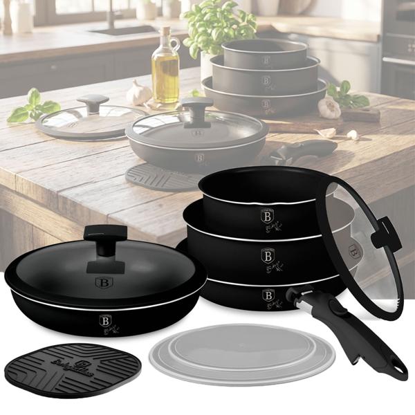 Elegant pan & pot set with universal Click-It handle, 10 pcs, titanium non-stick coating, matt black, PFOA-free, glass lids with strainer & trivet
