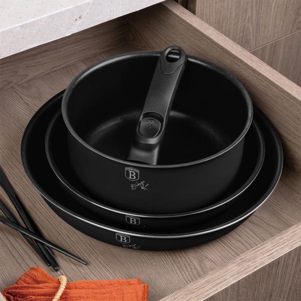 Elegant pan & pot set with universal Click-It handle, 10 pcs, titanium non-stick coating, matt black, PFOA-free, glass lids with strainer & trivet