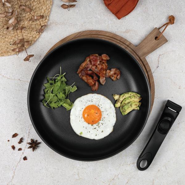 Elegant pan & pot set with universal Click-It handle, 10 pcs, titanium non-stick coating, matt black, PFOA-free, glass lids with strainer & trivet