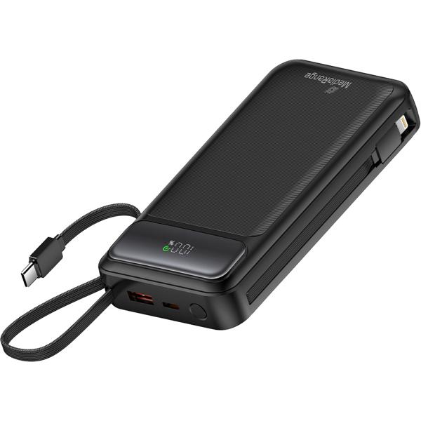 20,000mAh power bank with integrated cables, USB‑C PD & Quick Charge, fast‑charging external battery, LCD display, ideal for travel & everyday use, black