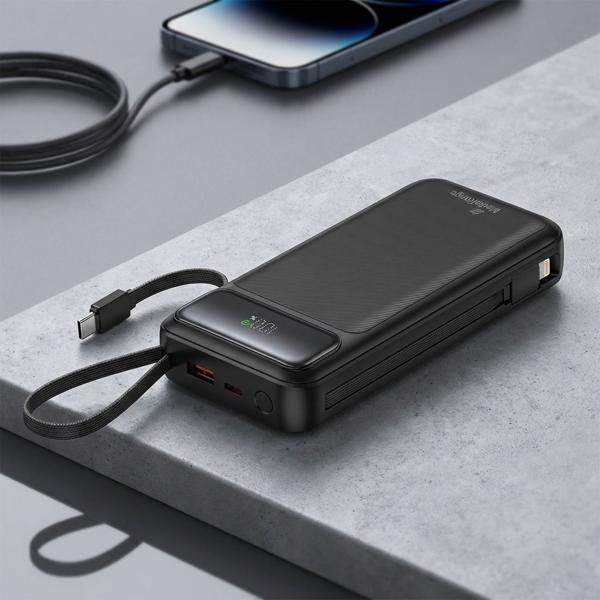 20,000mAh power bank with integrated cables, USB‑C PD & Quick Charge, fast‑charging external battery, LCD display, ideal for travel & everyday use, black