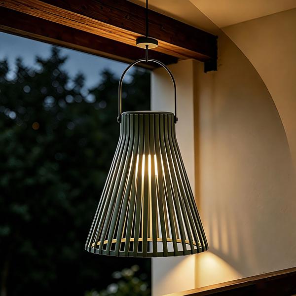 Set of 2 decorative LED solar lanterns for outdoor use, modern green garden lanterns with handle, slat-design solar lamp for balcony & terrace