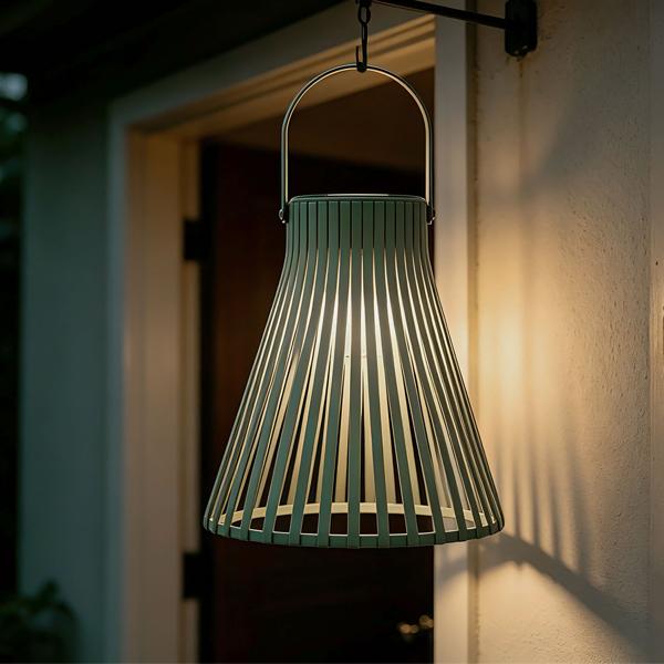 Set of 2 decorative LED solar lanterns for outdoor use, modern green garden lanterns with handle, slat-design solar lamp for balcony & terrace