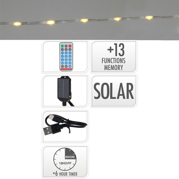 Guirlande lumineuse solaire d’ambiance : 240 LED blanc chaud, USB – décoration polyvalente pour balcon et éclairage de jardin avec minuterie & télécommande