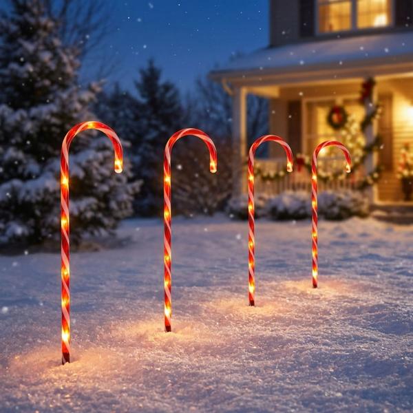 Set d’ambiance de 8 sucres d’orge LED rouge-blanc – Bel éclairage de Noël et déco de jardin avec minuterie pour jardin, allées et balcon
