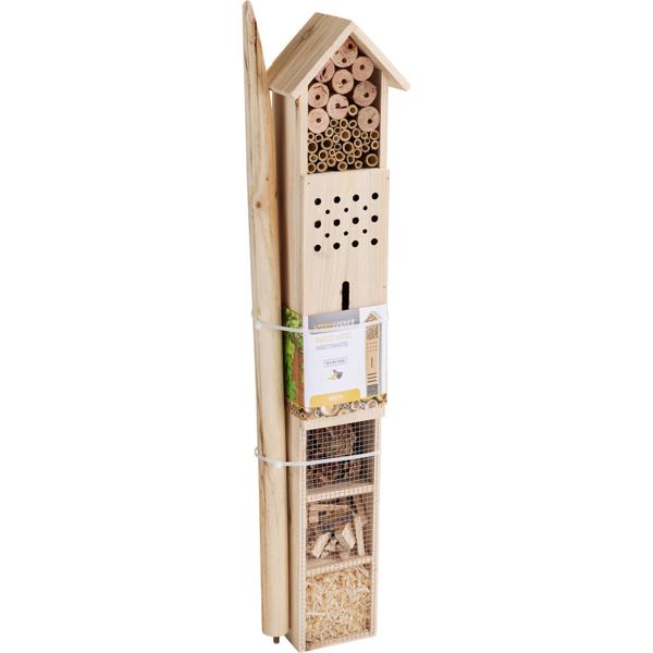 Wooden insect hotel with ground spike – 79 cm high nesting aid for the garden – Natural shelters with bamboo & bark – Slim design for insects