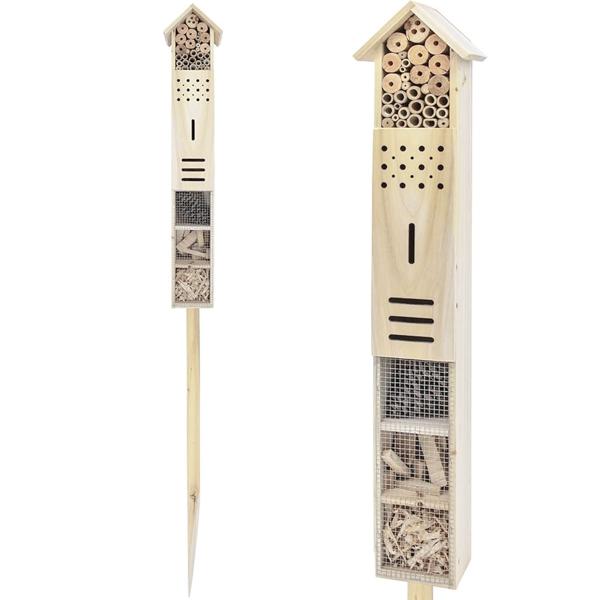 Wooden insect hotel with ground spike – 79 cm high nesting aid for the garden – Natural shelters with bamboo & bark – Slim design for insects