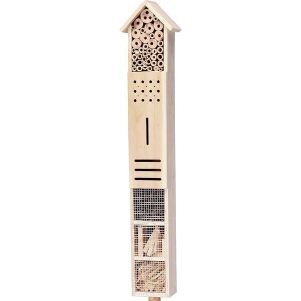 Wooden insect hotel with ground spike – 79 cm high nesting aid for the garden – Natural shelters with bamboo & bark – Slim design for insects