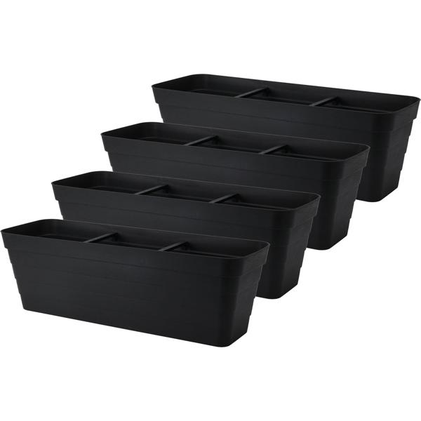 Set of 4 rectangular balcony planter boxes in anthracite – 60x20x19 cm – planter with integrated watering system – robust flower box for terrace and balcony