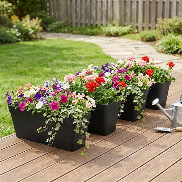 Set of 4 rectangular balcony planter boxes in anthracite – 60x20x19 cm – planter with integrated watering system – robust flower box for terrace and balcony