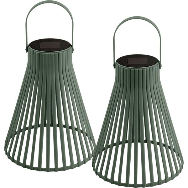 Set of 2 decorative LED solar lanterns for outdoor use, modern green garden lanterns with handle, slat-design solar lamp for balcony & terrace