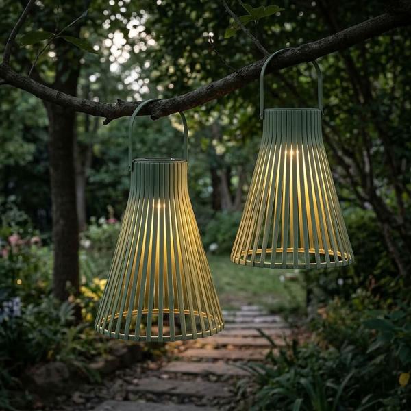 Set of 2 decorative LED solar lanterns for outdoor use, modern green garden lanterns with handle, slat-design solar lamp for balcony & terrace