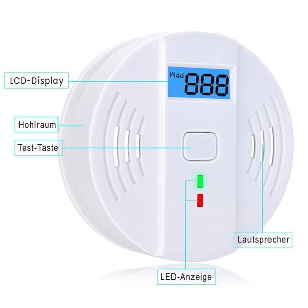 2er-Set Kohlenmonoxid-Melder CO-Detektor mit LCD-Display, 85 dB Alarm, DIN EN5029 Zertifiziert, CO-Warner mit Speicherfunktion für Zuhause & Camping