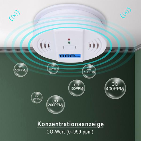 2er-Set Kohlenmonoxid-Melder CO-Detektor mit LCD-Display, 85 dB Alarm, DIN EN5029 Zertifiziert, CO-Warner mit Speicherfunktion für Zuhause & Camping