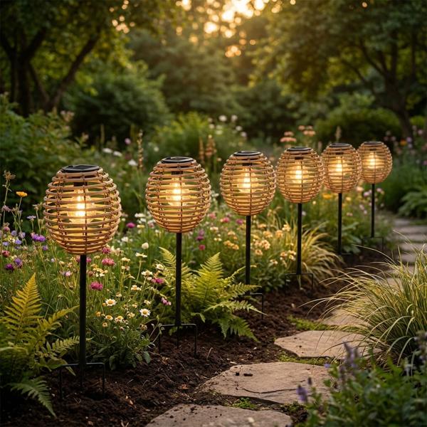 6er-Set Elegante Solar-Steckleuchte für Garten & Terrasse: Robuste LED Solarlampe mit Metallstab, Rattan-Optik für stimmungsvolle Wege
