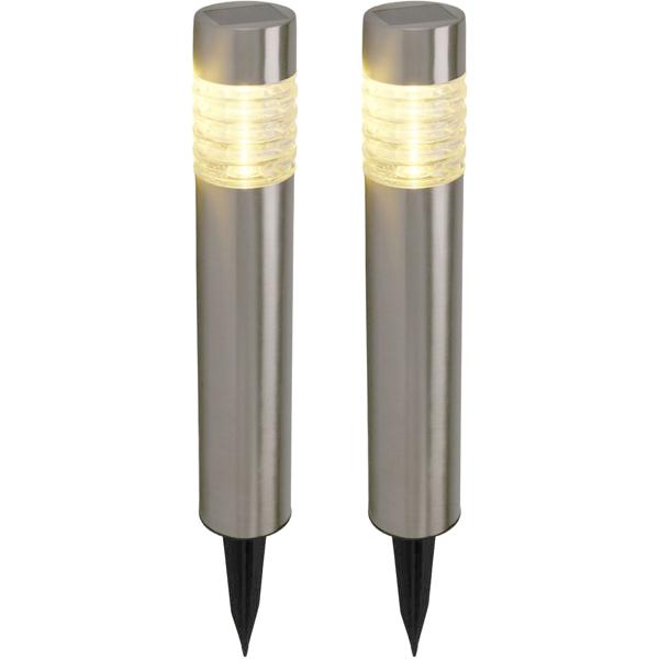 2er-Set Solarleuchte aus Edelstahl: Gartenleuchte warmweiss mit Erdspiess, LED Aussenleuchte wetterfest - moderne Solarlampe für Garten