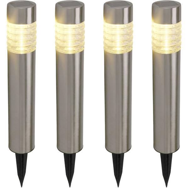 4er-Set Solarleuchte aus Edelstahl: Gartenleuchte warmweiss mit Erdspiess, LED Aussenleuchte wetterfest - moderne Solarlampe für Garten