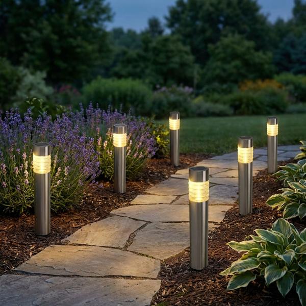 6er-Set Solarleuchte aus Edelstahl: Gartenleuchte warmweiss mit Erdspiess, LED Aussenleuchte wetterfest - moderne Solarlampe für Garten