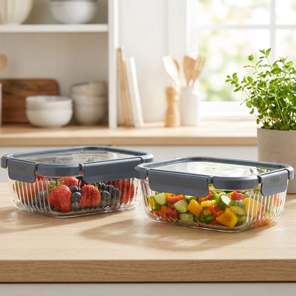 Set of 2 borosilicate glass food storage containers with 1040 ml – Elegant ribbed glass with secure plastic lid and 4‑way clip closure for long‑lasting freshness