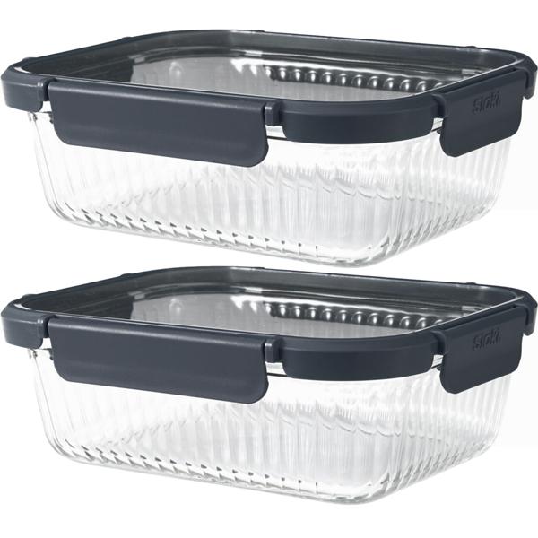 Set of 2 borosilicate glass food storage containers with 1040 ml – Elegant ribbed glass with secure plastic lid and 4‑way clip closure for long‑lasting freshness