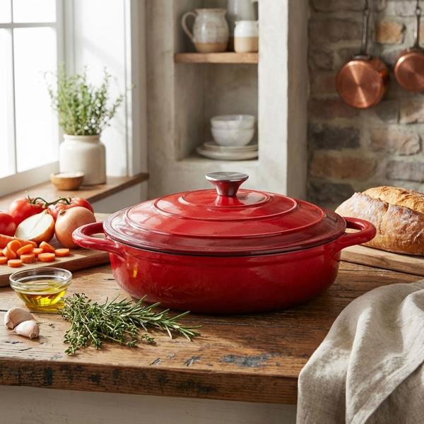 Set di pentole in ghisa premium 3 pezzi rosso – set di casseruole smaltate con coperchio (17 cm, 22 cm & 28 cm) – ideale per induzione, forno e tutti i tipi di piano cottura