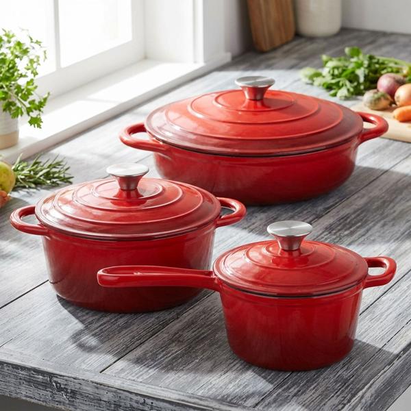 Set di pentole in ghisa premium 3 pezzi rosso – set di casseruole smaltate con coperchio (17 cm, 22 cm & 28 cm) – ideale per induzione, forno e tutti i tipi di piano cottura