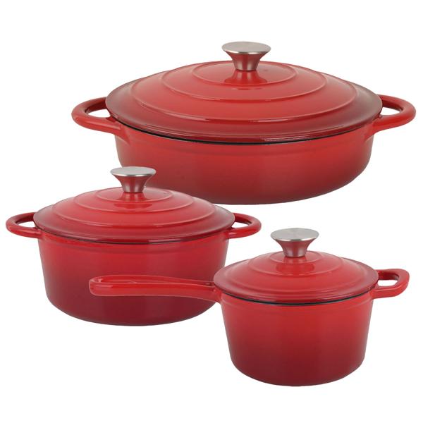 Set di pentole in ghisa premium 3 pezzi rosso – set di casseruole smaltate con coperchio (17 cm, 22 cm & 28 cm) – ideale per induzione, forno e tutti i tipi di piano cottura