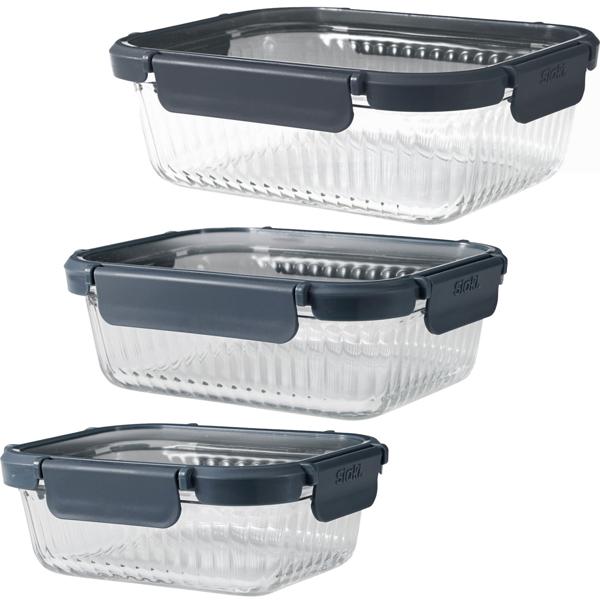Borosilicate Glass Food Storage Container Set – 3 containers (640 ml, 1040 ml, 1480 ml) with ribbed glass, secure lid and 4-way clip closure for everything