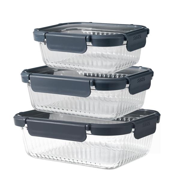 Borosilicate Glass Food Storage Container Set – 3 containers (640 ml, 1040 ml, 1480 ml) with ribbed glass, secure lid and 4-way clip closure for everything