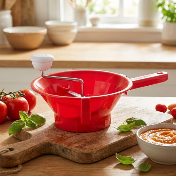 Moulin à légumes robuste Ø22 cm rouge et blanc avec 3 grilles : passe-légumes idéal pour préparer sauces, purée fine et petits pots pour bébé