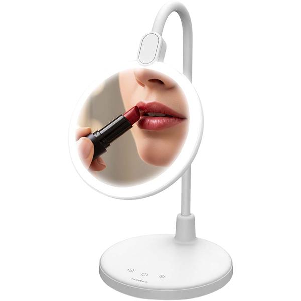 Elegante LED Schreibtischlampe mit Schminkspiegel & Akku, Weiss – Dimmbare Kosmetiklampe & Make-up Licht für Schminktisch & Büro, USB-C, 58.3cm