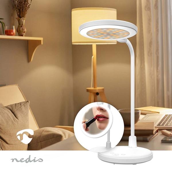 Elegante LED Schreibtischlampe mit Schminkspiegel & Akku, Weiss – Dimmbare Kosmetiklampe & Make-up Licht für Schminktisch & Büro, USB-C, 58.3cm