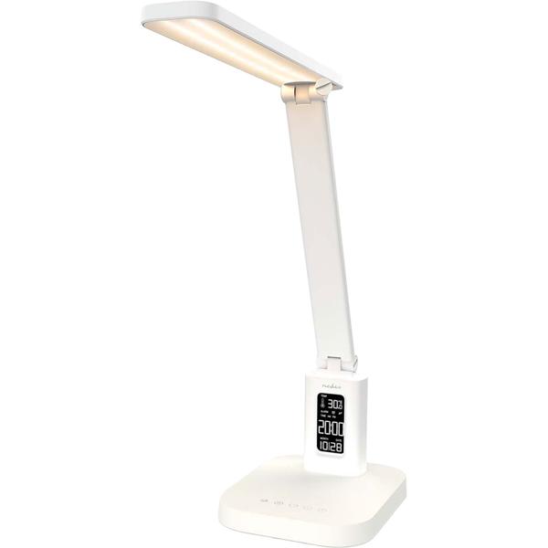 Aufladbare LED Schreibtischleuchte – Schicke Nachttischlampe mit Touch-Dimmer, Kalender, Raumtemperatur, Alarm & Uhr fürs Schlafzimmer & Büro