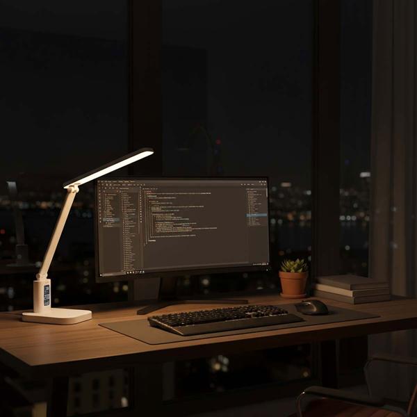 Aufladbare LED Schreibtischleuchte – Schicke Nachttischlampe mit Touch-Dimmer, Kalender, Raumtemperatur, Alarm & Uhr fürs Schlafzimmer & Büro