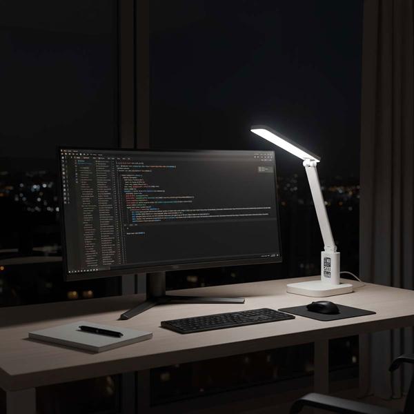 Aufladbare LED Schreibtischleuchte – Schicke Nachttischlampe mit Touch-Dimmer, Kalender, Raumtemperatur, Alarm & Uhr fürs Schlafzimmer & Büro
