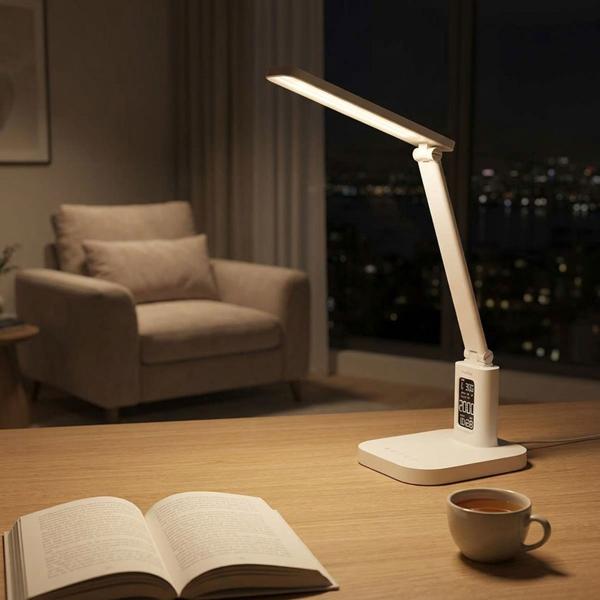 Aufladbare LED Schreibtischleuchte – Schicke Nachttischlampe mit Touch-Dimmer, Kalender, Raumtemperatur, Alarm & Uhr fürs Schlafzimmer & Büro