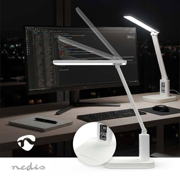 Aufladbare LED Schreibtischleuchte – Schicke Nachttischlampe mit Touch-Dimmer, Kalender, Raumtemperatur, Alarm & Uhr fürs Schlafzimmer & Büro