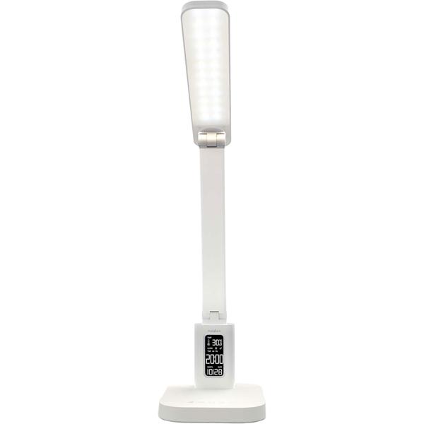 Aufladbare LED Schreibtischleuchte – Schicke Nachttischlampe mit Touch-Dimmer, Kalender, Raumtemperatur, Alarm & Uhr fürs Schlafzimmer & Büro