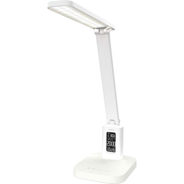 Aufladbare LED Schreibtischleuchte – Schicke Nachttischlampe mit Touch-Dimmer, Kalender, Raumtemperatur, Alarm & Uhr fürs Schlafzimmer & Büro