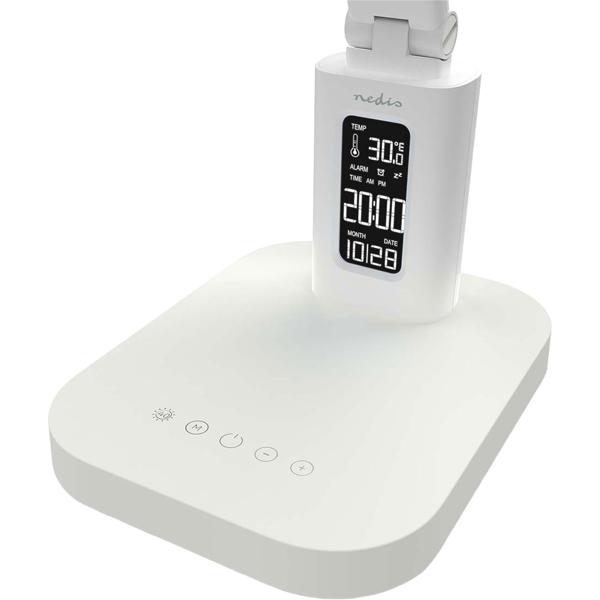 Aufladbare LED Schreibtischleuchte – Schicke Nachttischlampe mit Touch-Dimmer, Kalender, Raumtemperatur, Alarm & Uhr fürs Schlafzimmer & Büro