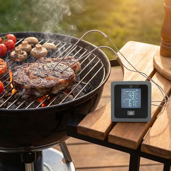 Termometro per carne Bluetooth di precisione con 2 sonde per BBQ e forno – controllo smart via app, timer e allarme per risultati perfetti alla griglia, 7,5 cm