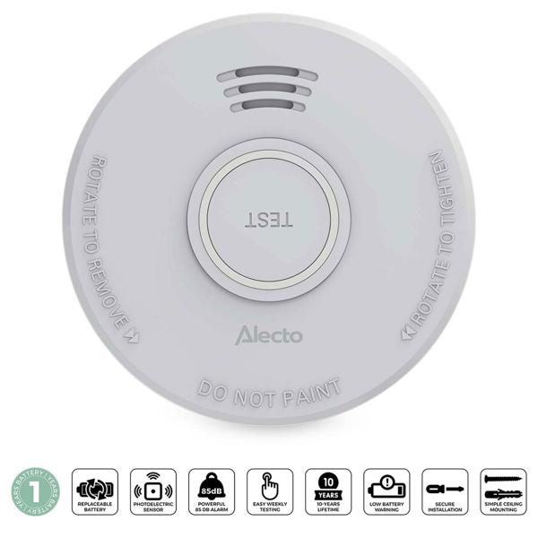 Détecteur de fumée photoélectrique conforme DIN EN 14604 – avertisseur d’incendie fiable avec alarme 85 dB et bouton de test – fonctionnement sur pile 9 V et matériel de montage inclus