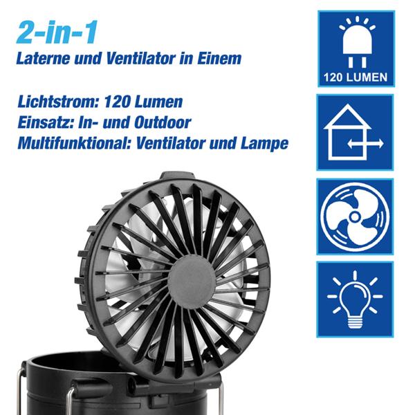 2er-Set 2in1 Campinglampe & Ventilator – Helles COB Licht & Abkühlung für Zelt, Outdoor & Wandern – Kompakt & Batteriebetrieben